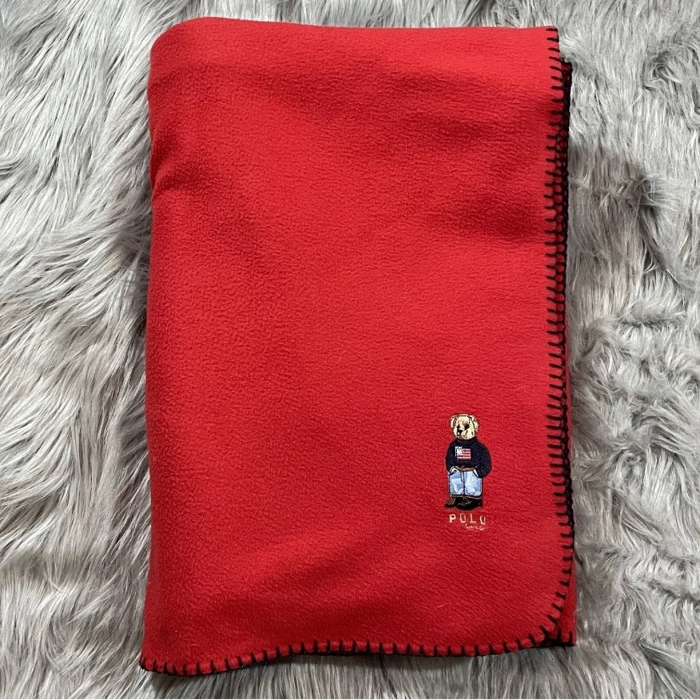 Vintage Ralph Lauren Red Fleece Polo Blanket With Teddy Bear Blanket Stitching